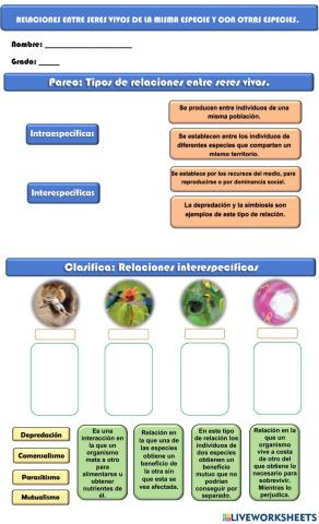 Relaciones entre seres vivos de la misma especie y con otras especies.