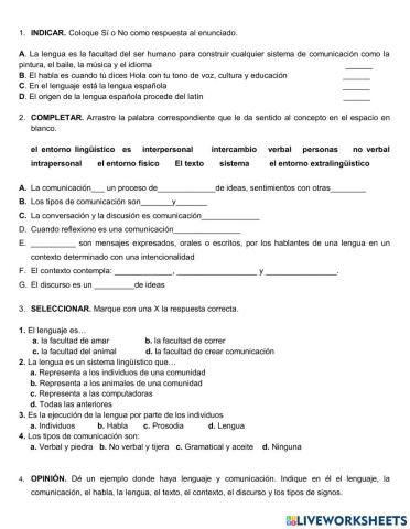 Ejercicio de Lenguaje,Comunicación,Contexto,Texto,Discurso
