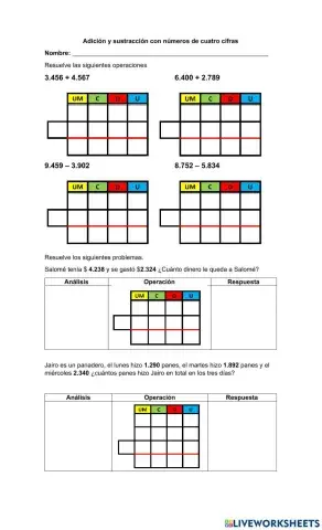 Suma y resta con números de cuatro cifras