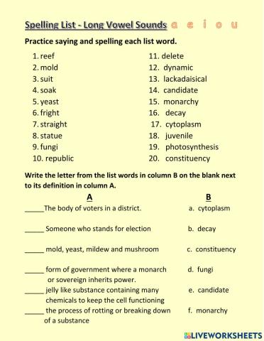 Spelling list long vowel sounds