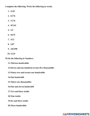 Reading and writing decimals