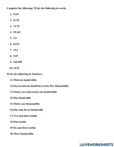 Reading and writing decimals