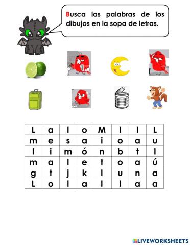 Sopa de letras de palabras con  l extras