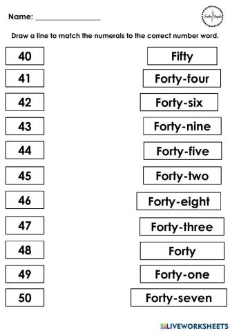 Matching number names and numerals 40-50