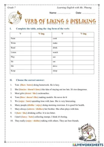 English 7 - Verb of liking or disliking