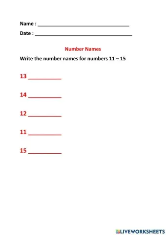 Number Names 11 - 15