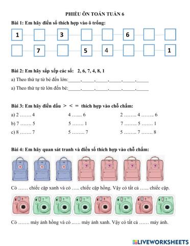 PHIẾU ÔN TOÁN TUẦN 6 LỚP 1-1 GLS