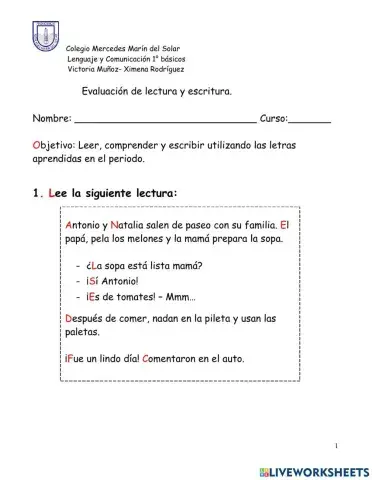 Prueba de Lenguaje primero básico