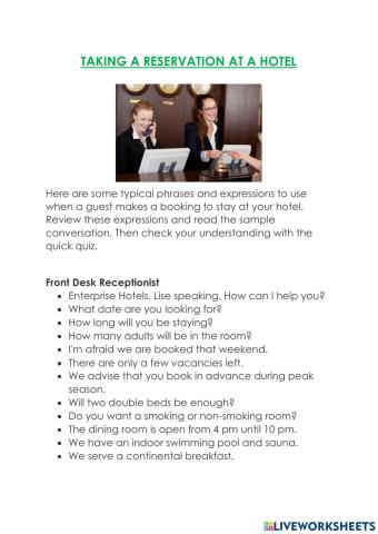 RESERVATION AT A HOTEL