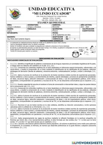 Examen del Primer Quimestre de Lengua y Literatura de Cuarto Grado