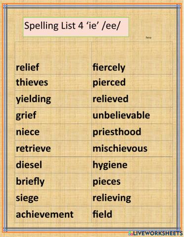 Spelling word list 'ie' 4