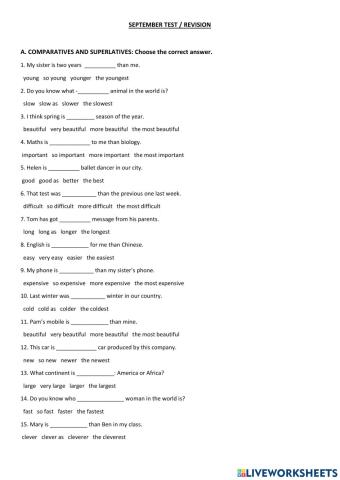 REVISION SEPTEMBER TEST - 3RD TEENS