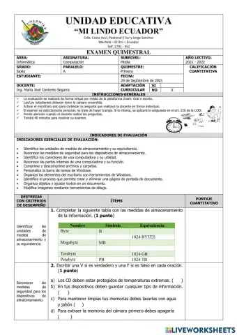 Examen del Primer Quimestre de Computación de Sexto Grado