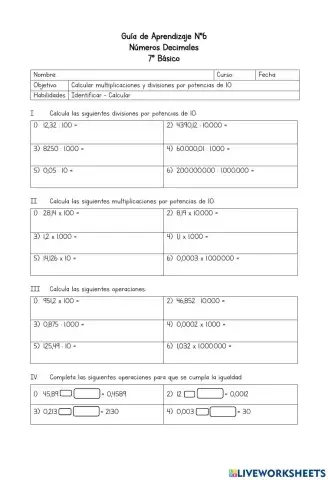 Guía de Aprendizaje N°6 - Multiplicación y división potencias de 10