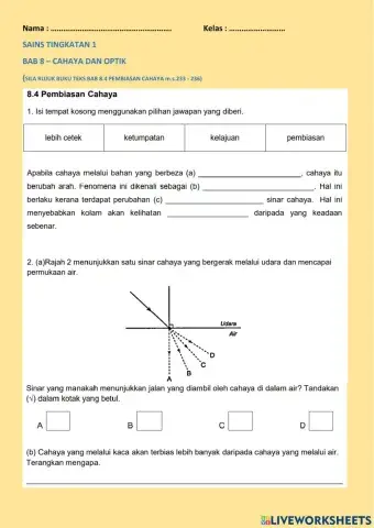 Latihan Sains Tingkatan 1 Bab 8.4 Pembiasan Cahaya