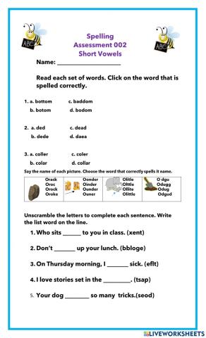 Spelling quiz  3 mck short vowels