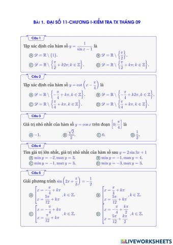 KTTX Tháng 09 Đại số 11 Lớp 11B8