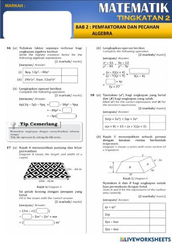 MATEMATIK TINGKATAN 2 BAB 2 PEMFAKTORAN DAN PECAHAN ALGEBRA