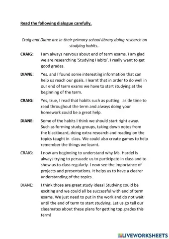 Dialogue Comprehension- Craig and Diane