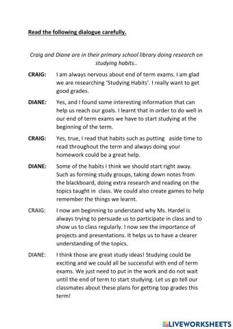 Dialogue Comprehension- Craig and Diane