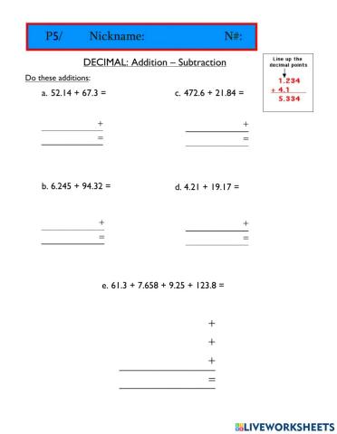 Decimal : Addition - Subtraction P5