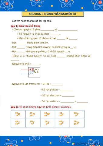 LỚP 10 - CHƯƠNG I - THÀNH PHẦN NGUYÊN TỬ
