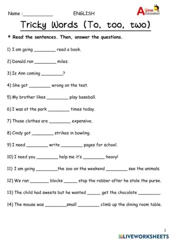 Tricky Words 1 (to, too, two)