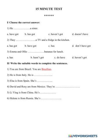 15 minute Test for Grade 6