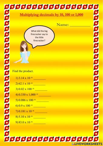 Multiplying decimals by 10, 100 or 1,000