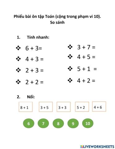Bài ôn tập phép cộng 10 - so sánh