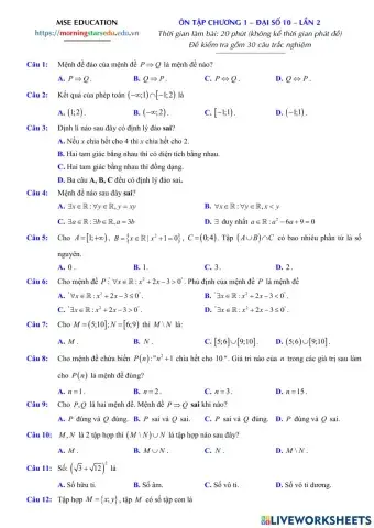 Đại số 10 - Đề Ôn tập Chương 1 - Lần 2