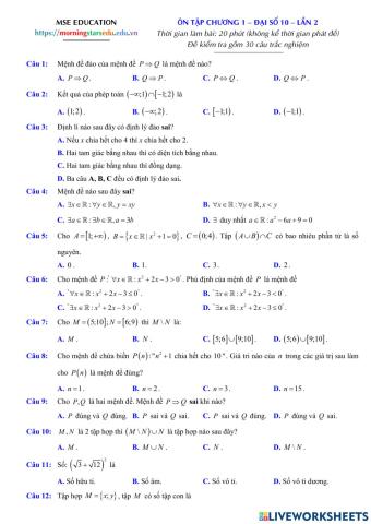 Đại số 10 - Đề Ôn tập Chương 1 - Lần 2
