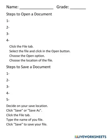 Steps to Name and Save Documents Worksheet