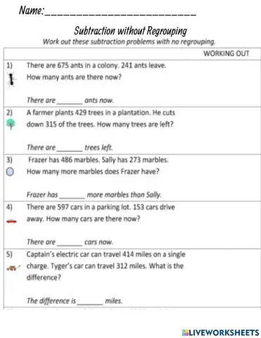 Subtraction  Word Problems (no regrouping)