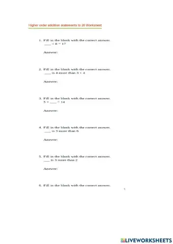 Higher Order Addition Statements to 20