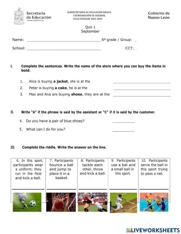 September quiz 6th grade