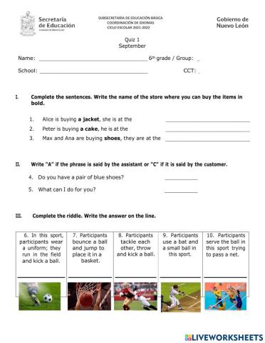 September quiz 6th grade