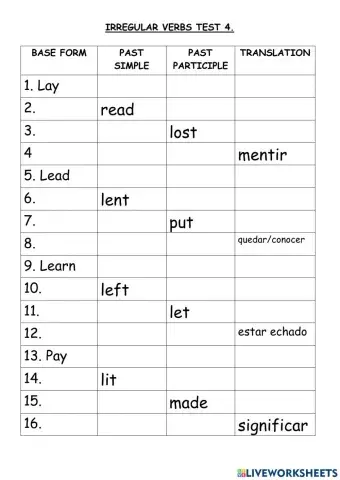 Irregular verb Test 4