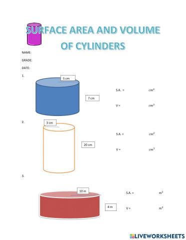 Surface area and volume of cylinders