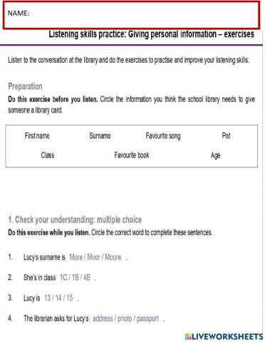 Listening :Giving personal information. Multiple choice