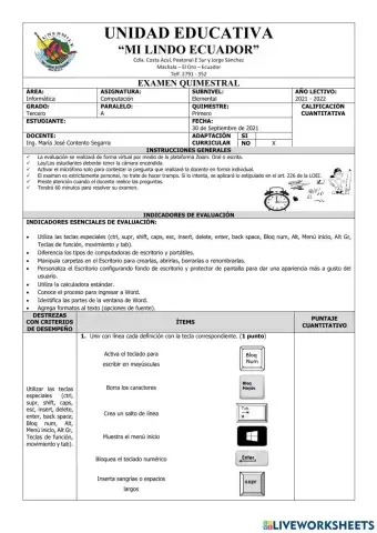 Examen del Primer Quimestre de Computación de Tercer Grado