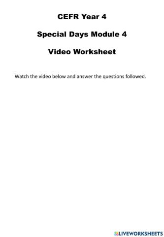 Special days video worksheet