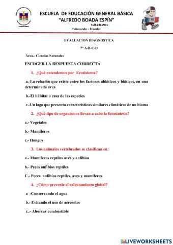 Evaluación diagnóstica de Ciencias Naturales