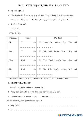 Bài 2: vị trí địa lí và phậm vi lãnh thổ VN - ĐL12