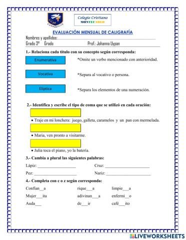 Evaluación mensual caligrafia