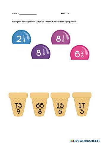 Memasangkan pecahan campuran dan pecahan biasa