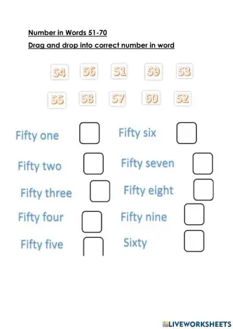Number in words 51 - 70 worksheet