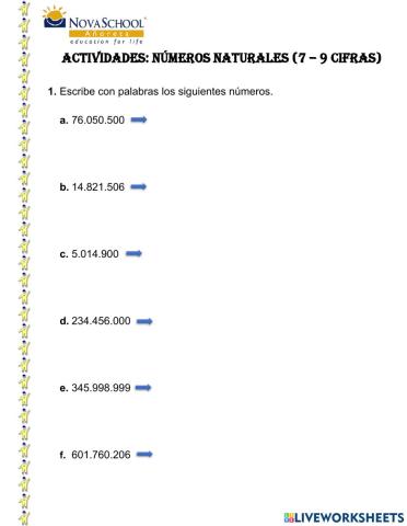 Escritura de números naturales: 7 - 9 cifras