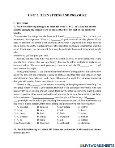 Unit 3: teen stress and pressure-reading