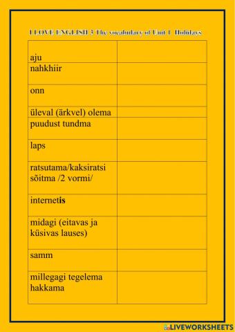 I LOVE  ENGLISH 3 The vocabulary of Unit 1 Holidays